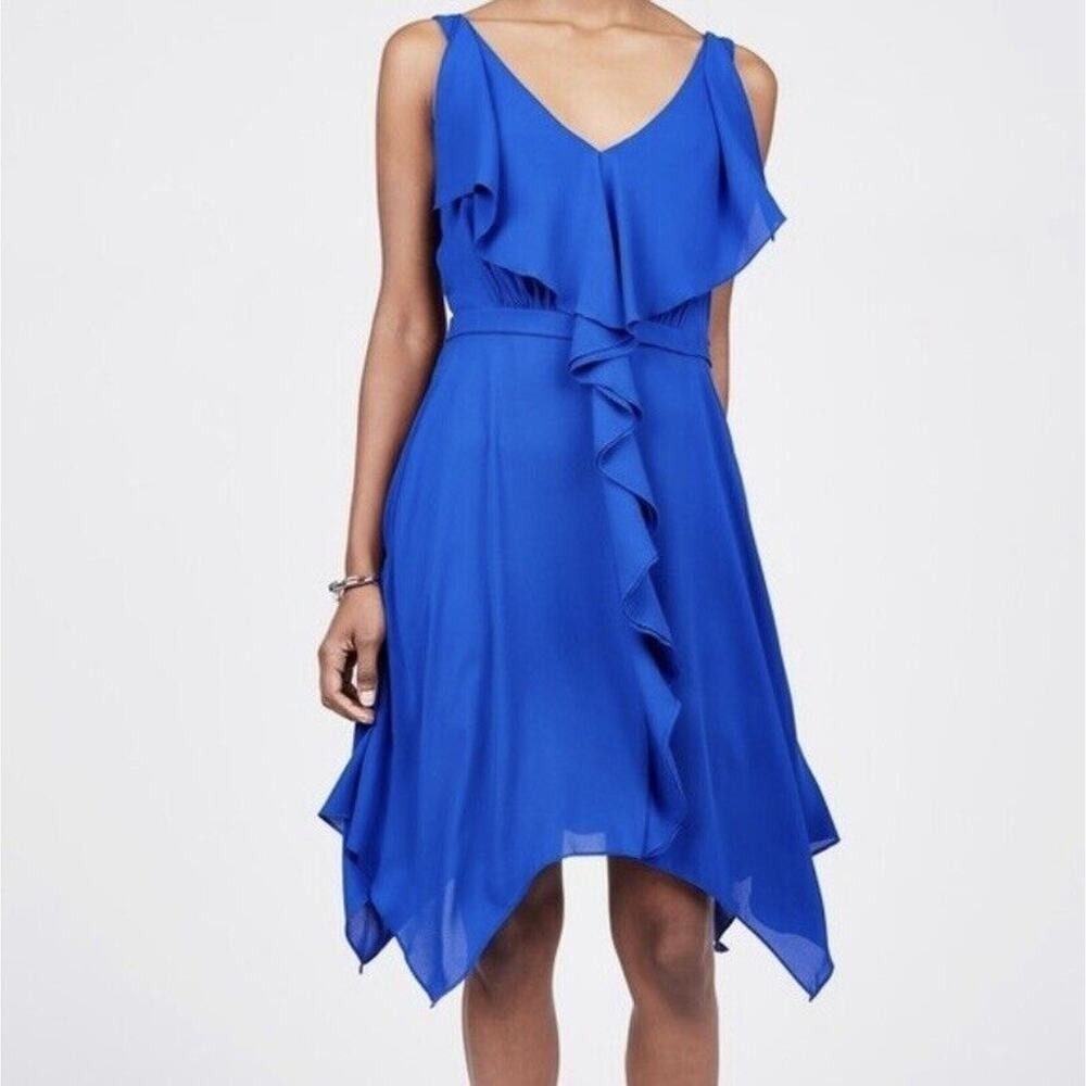 BCBGMAXAZRIA Sz 6 Jessica Dress Royal Blue Ruffle Handkerchief Sleeveless V-Neck